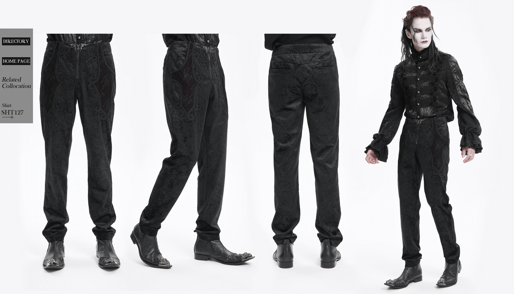 Chic men's black jacquard pants with lace accents showcased from multiple angles, perfect for stylish outfits.