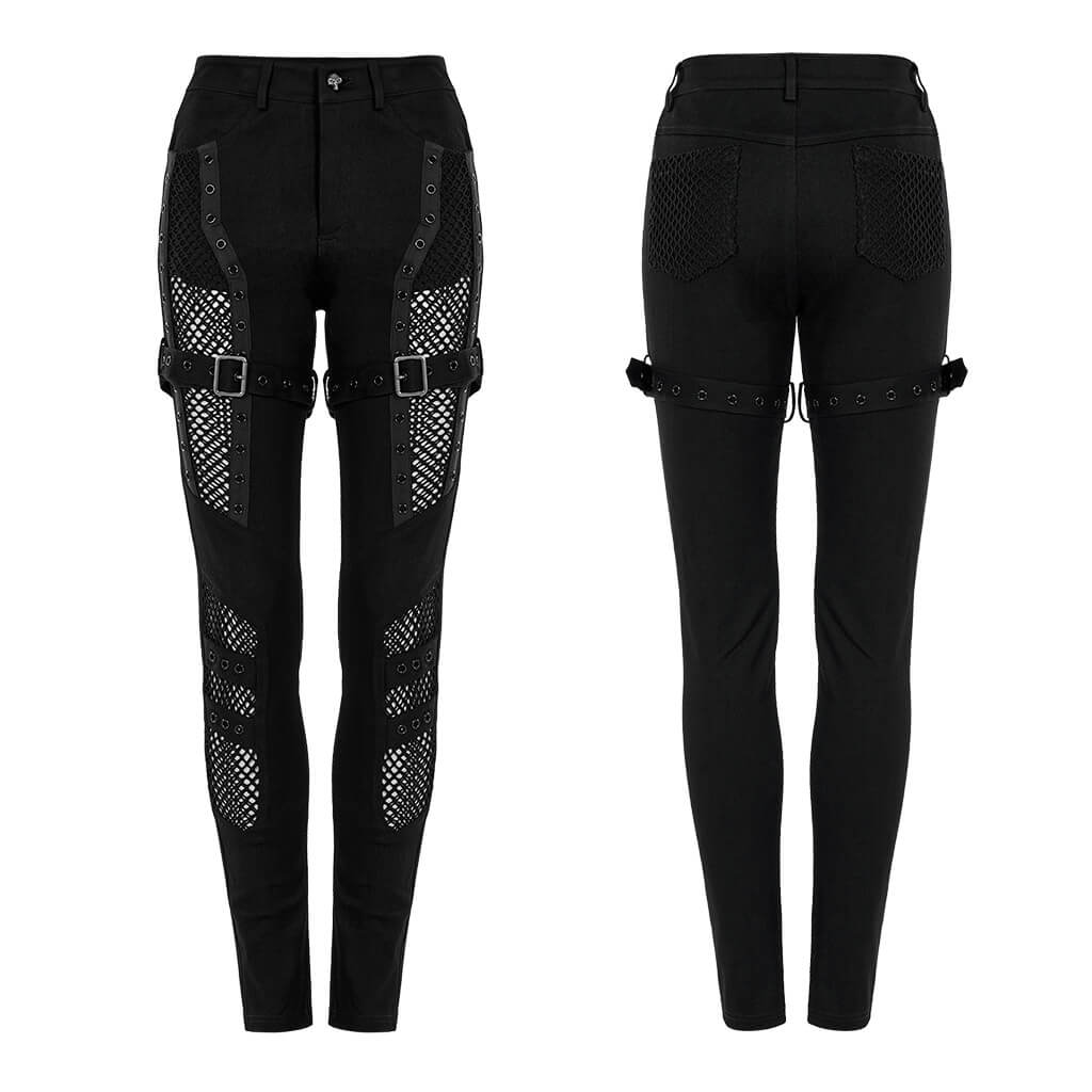 Chic mesh insert gothic trousers featuring eyelets and detachable loops for edgy punk style.