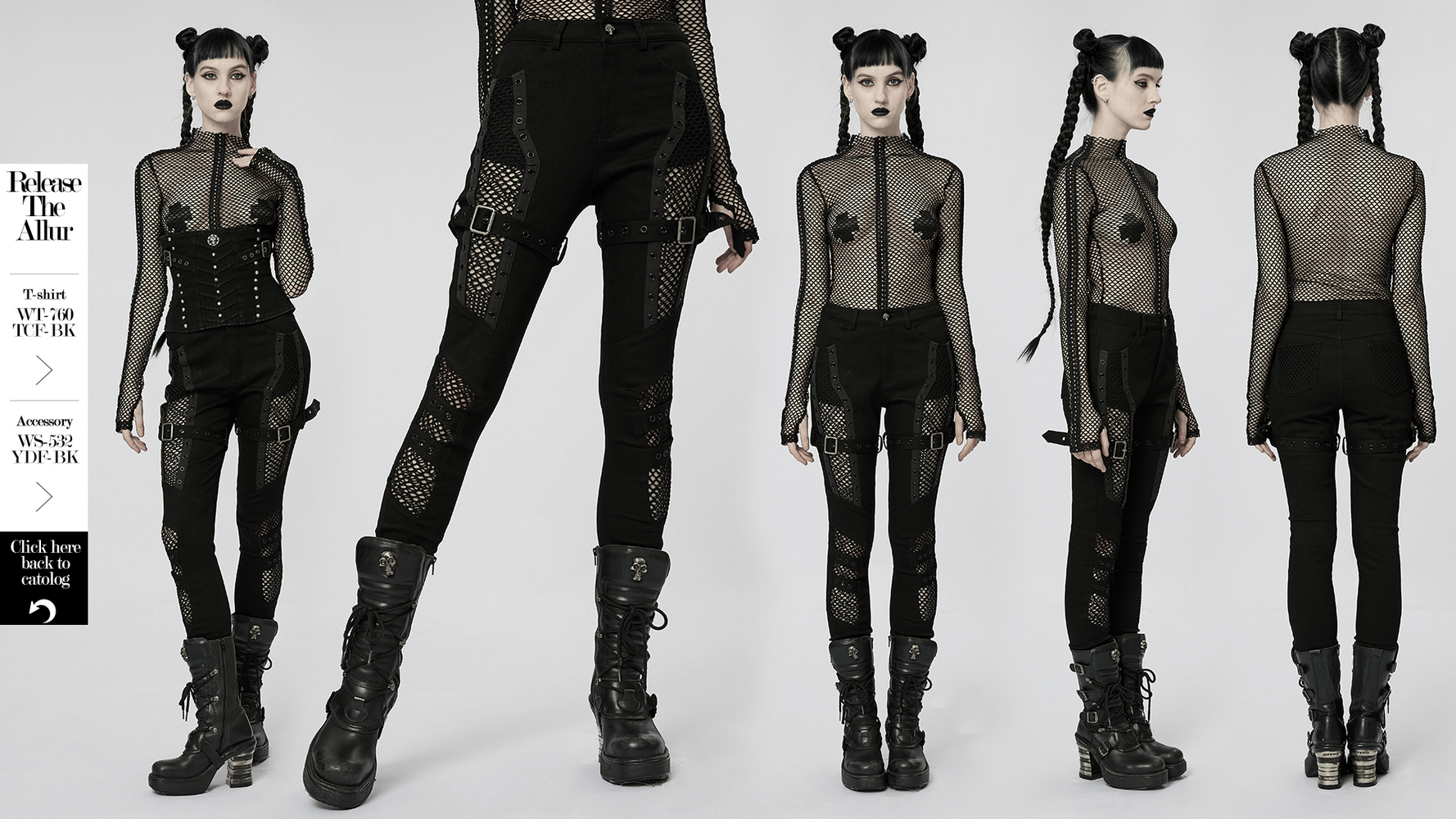Chic gothic trousers with mesh inserts and eyelets for punk style fashion, showcasing edgy details and versatile design.