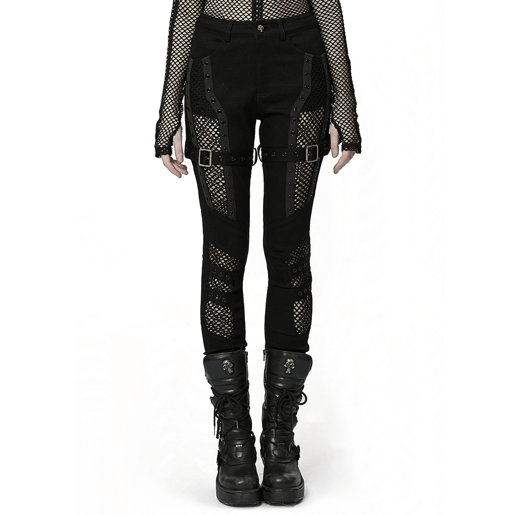 Chic Gothic mesh insert trousers with eyelets for edgy punk fashion, perfect for rebellious style.