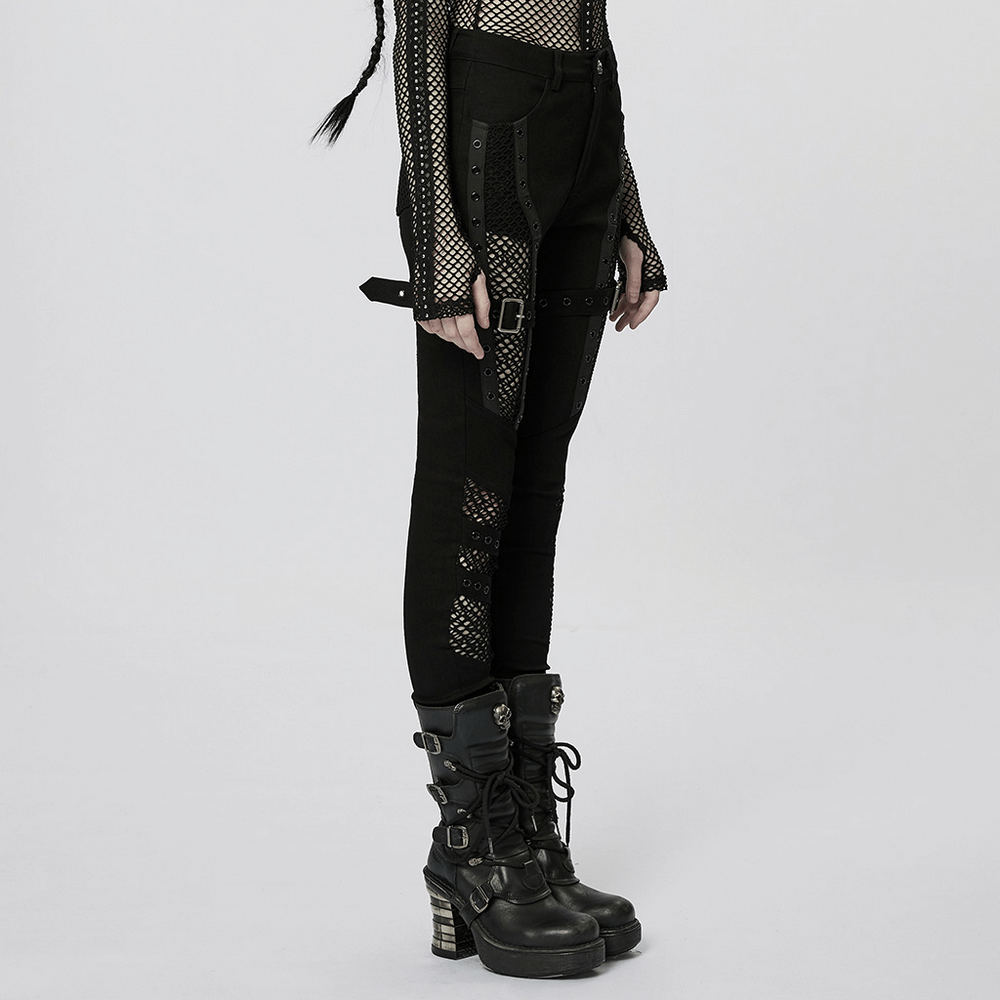 Chic mesh insert gothic trousers with eyelets and punk style detail, perfect for edgy fashion lovers.