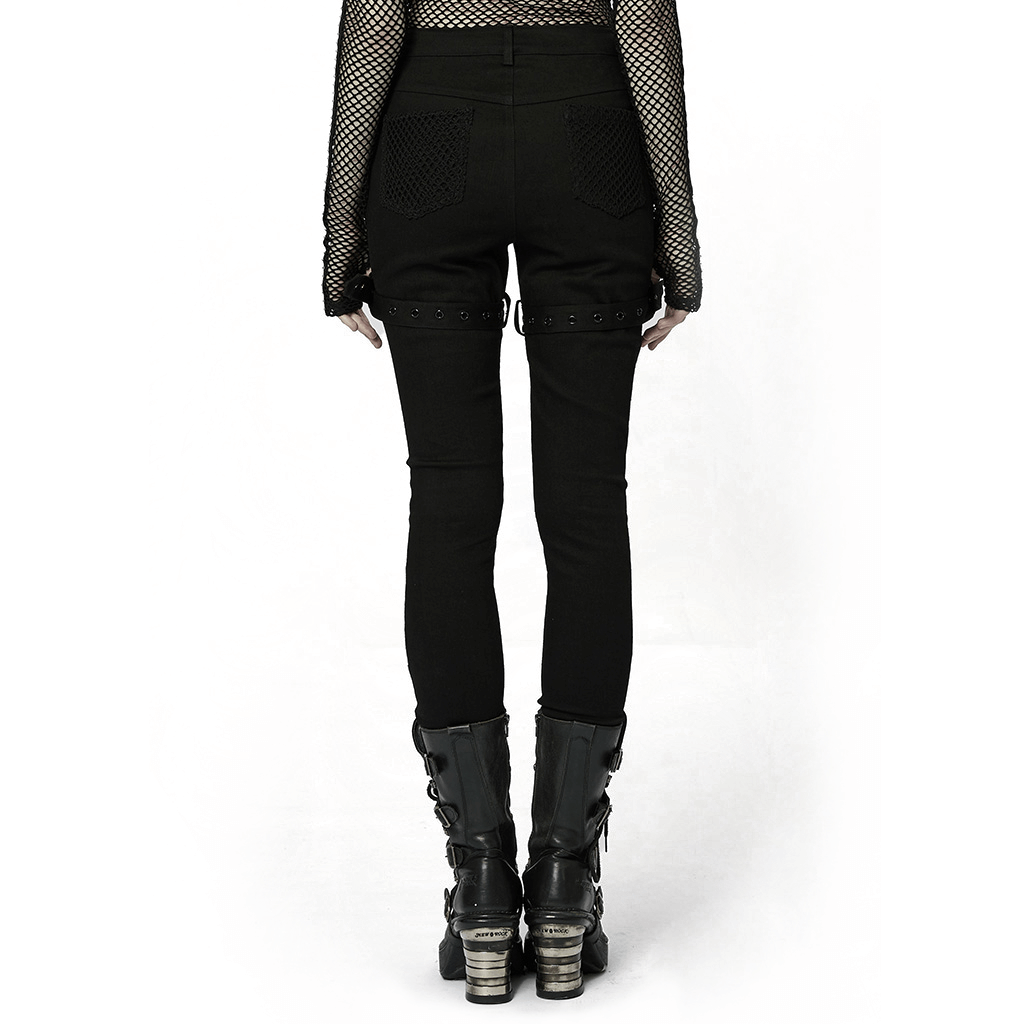 Gothic style mesh insert trousers with eyelet details, showcasing edgy punk fashion from the back view.