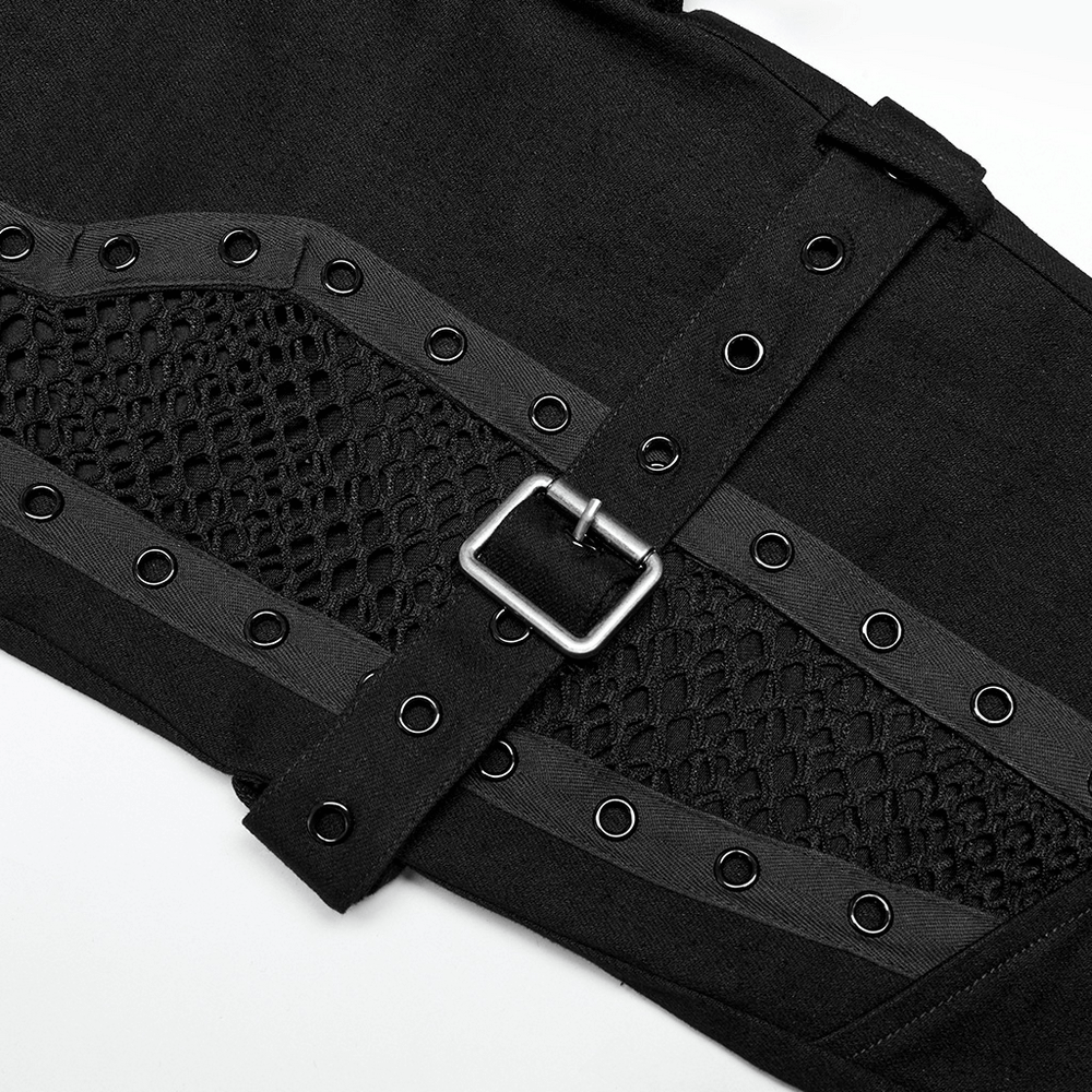 Gothic style trousers featuring mesh inserts and eyelet details for a punk-inspired fashion statement.