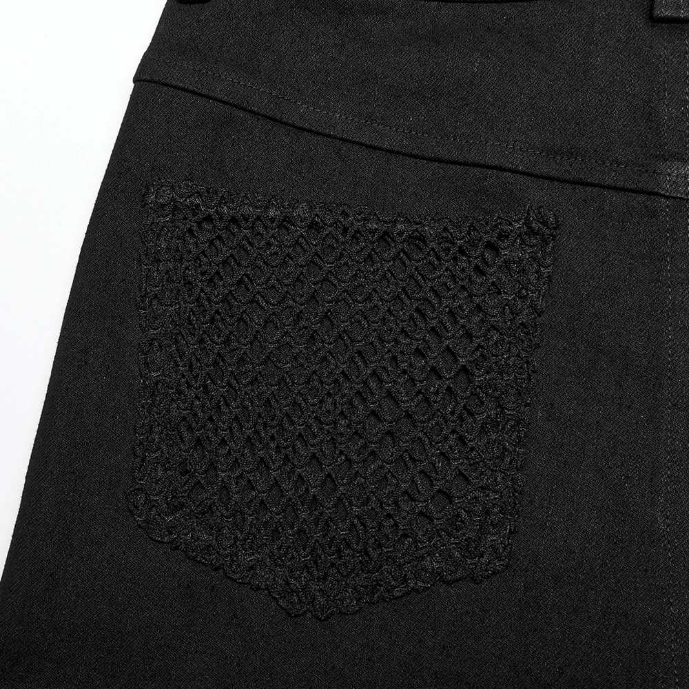 Black mesh overlay pocket on gothic style trousers, adding punk allure and edgy detail to tight pants.