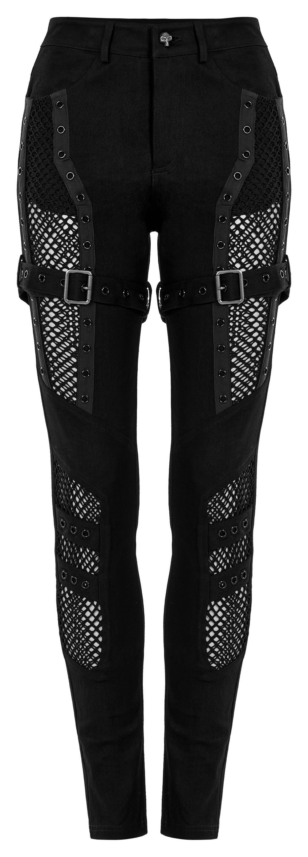 Chic gothic trousers with mesh inserts and eyelet details for edgy punk fashion.