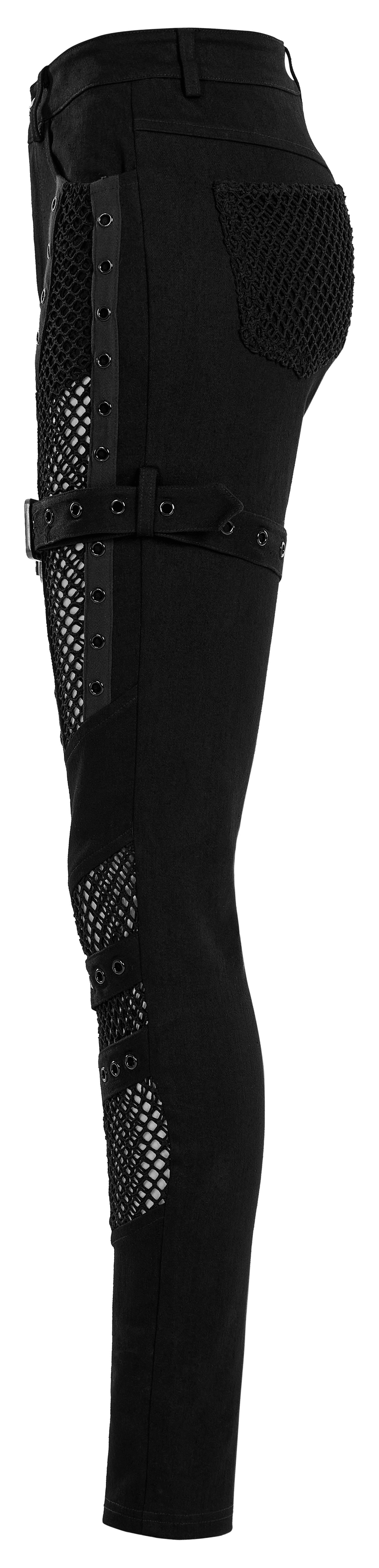 Chic gothic style mesh insert trousers with eyelets and detachable loops for punk fashion rebels.