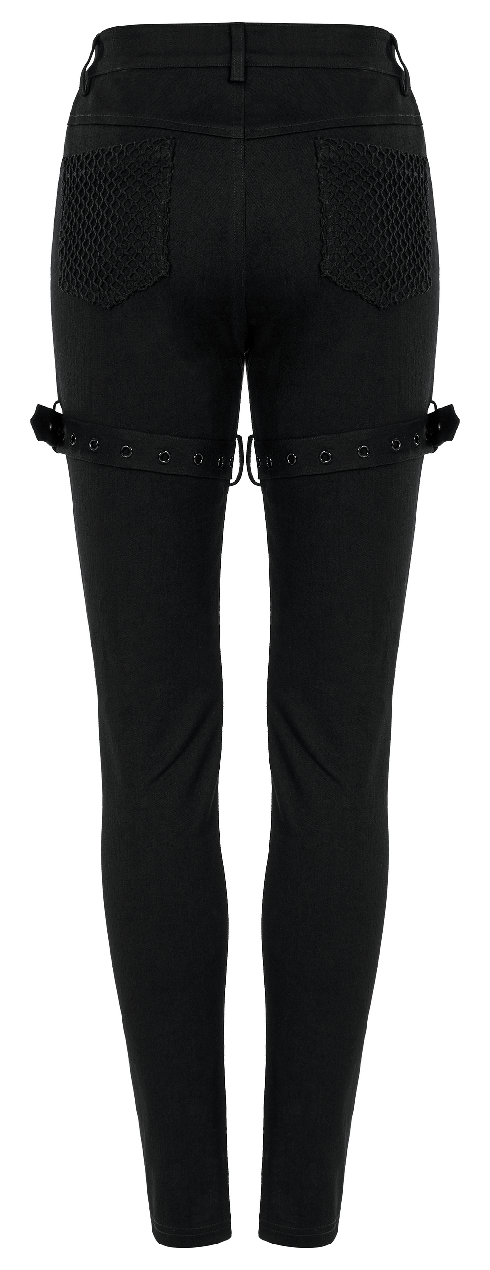 Chic black gothic trousers with mesh pockets, eyelets, and detachable loops for a punk edgy fashion statement.