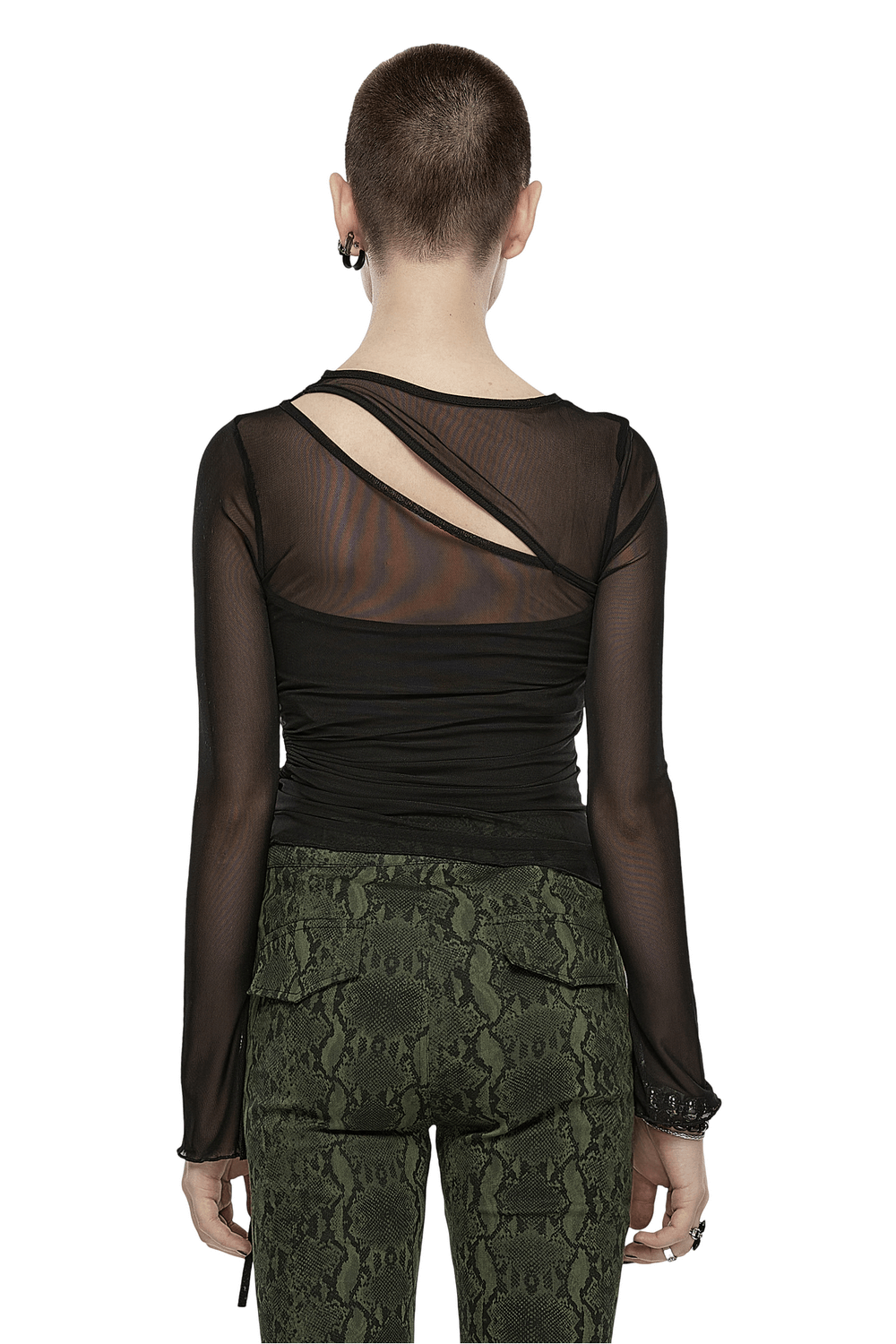 Chic black mesh top with asymmetrical slit and drawcord detail, showcasing dramatic long sleeves and flared cuffs.