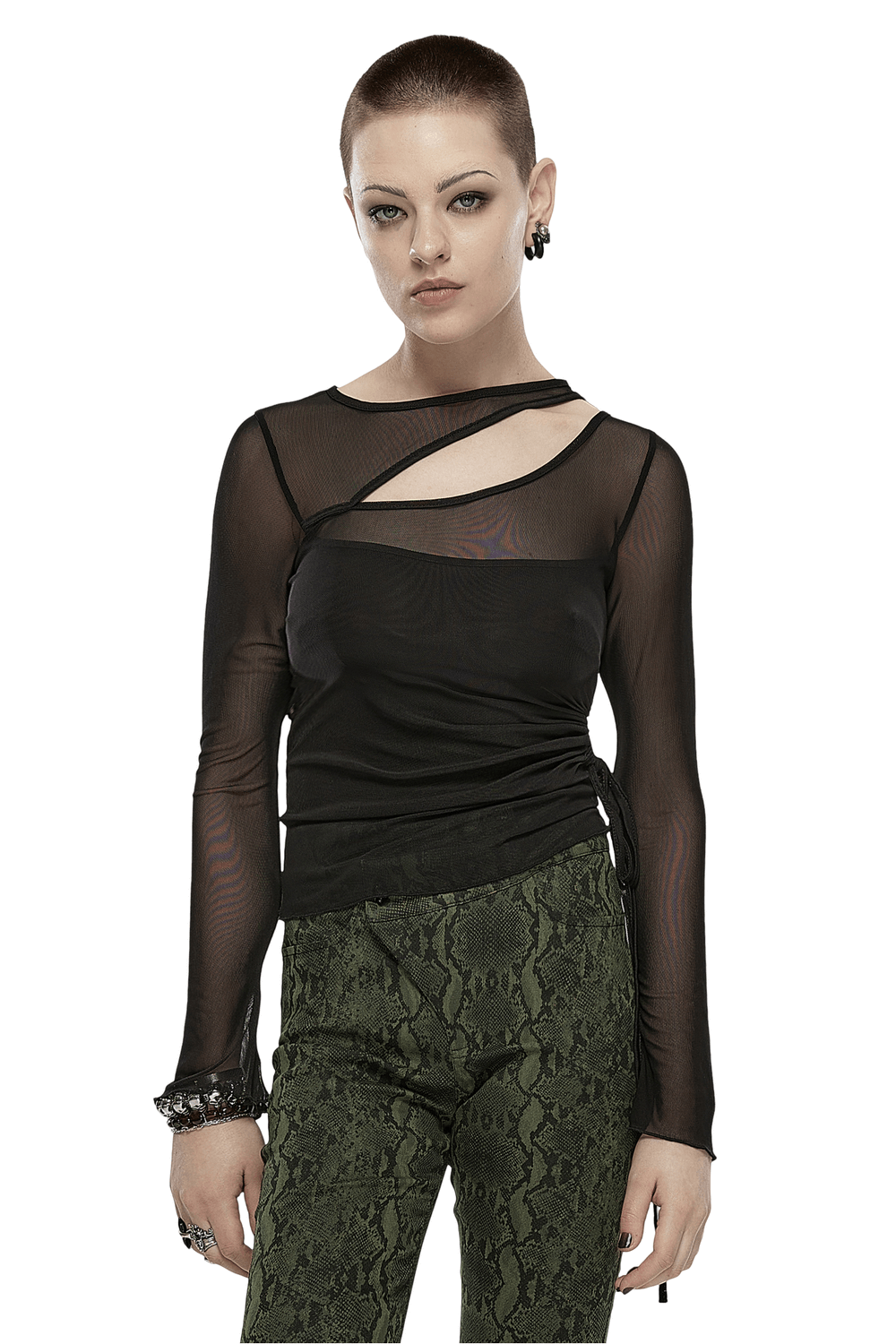 Chic black mesh sleeve top with asymmetrical slit and drawcord, styled with edgy green pants.
