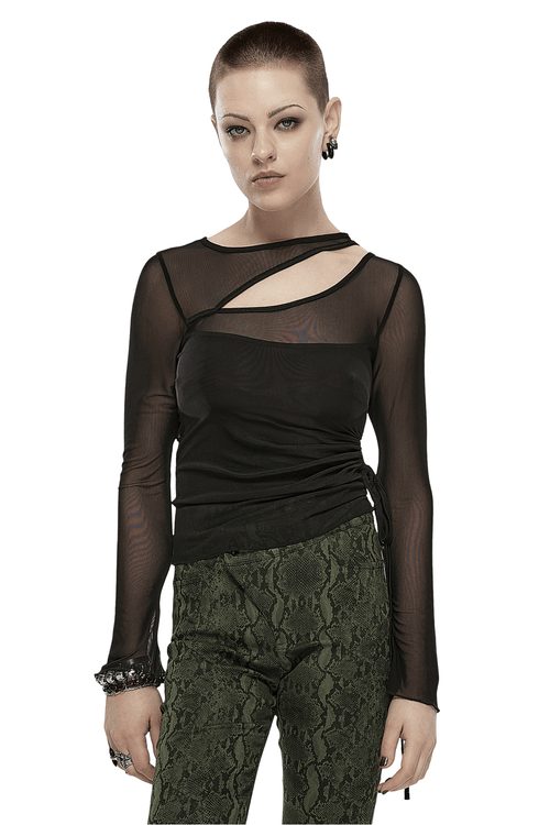 Chic Mesh Sleeve Top with Slit And Drawcord Detail