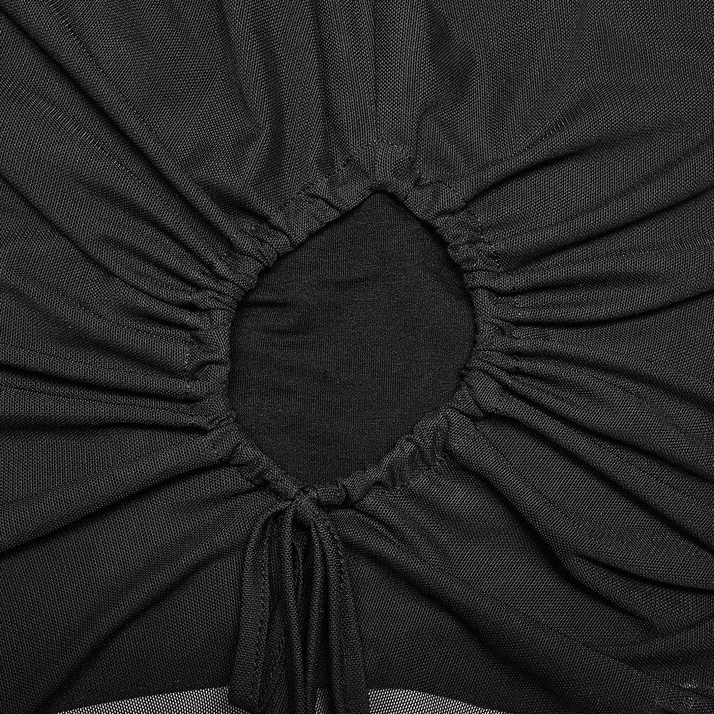 Close-up of the drawcord detail on a black mesh top with gathered fabric for a stylish and edgy look.