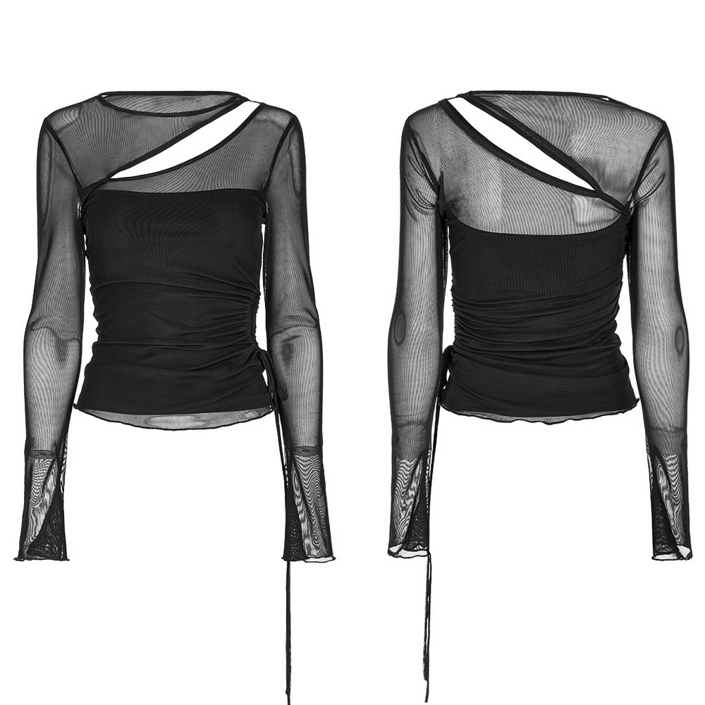 Chic black mesh top with asymmetrical slit, drawcord detail, and flared cuffs for a bold and edgy look.