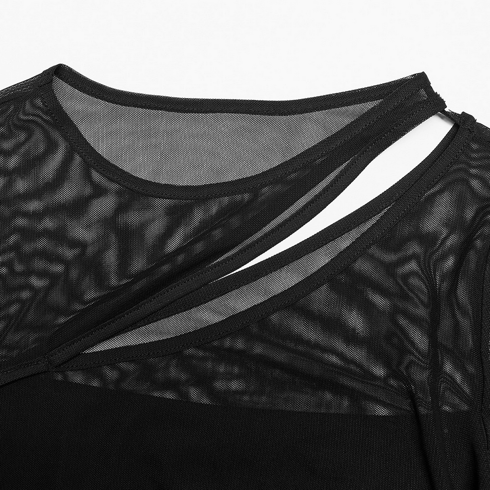 Chic black mesh top featuring asymmetrical slit and drawcord detail, perfect for layering with a bralette.