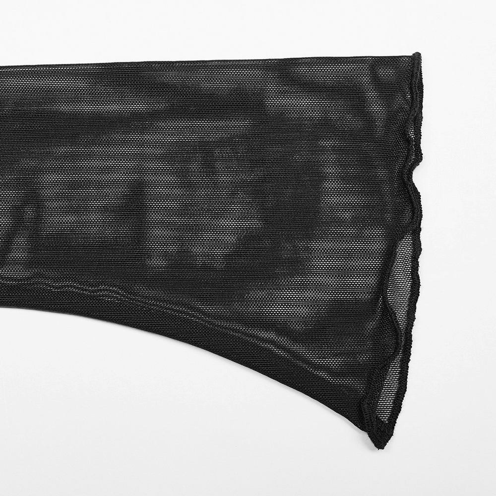 Close-up of black mesh fabric sleeve showcasing flared cuff detail for a chic and edgy look.