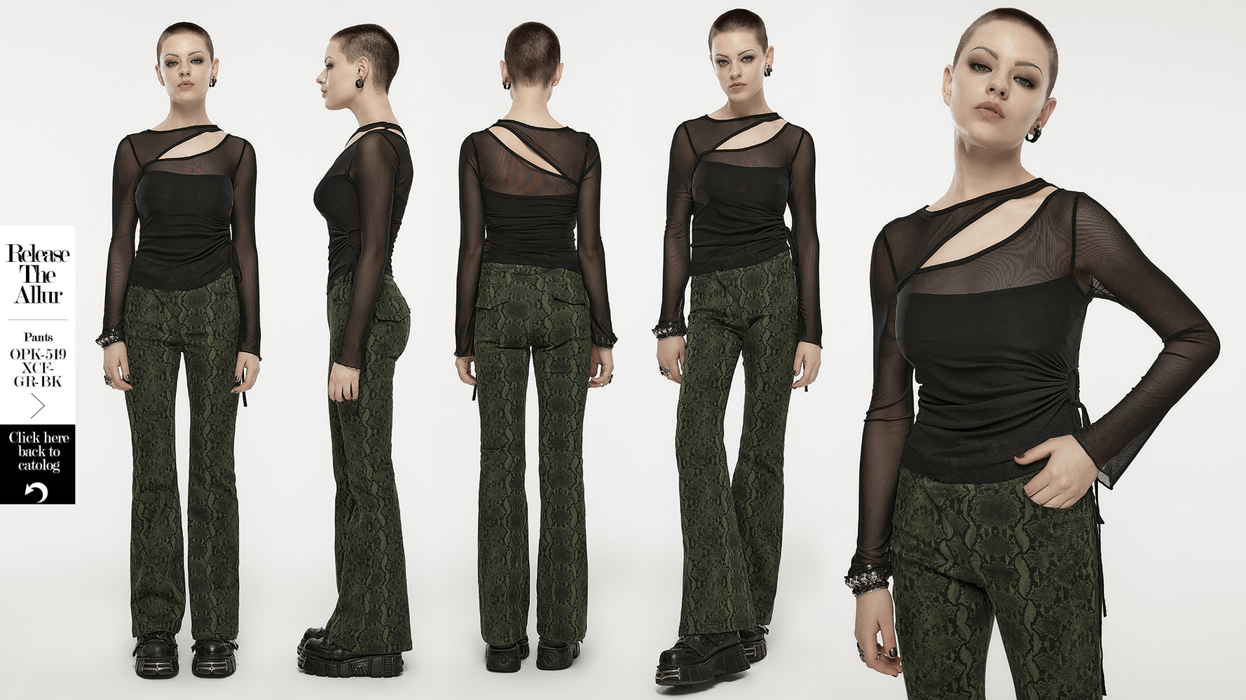 Stylish black mesh sleeve top with asymmetrical slit and drawcord paired with green flared pants, embodying edgy fashion.