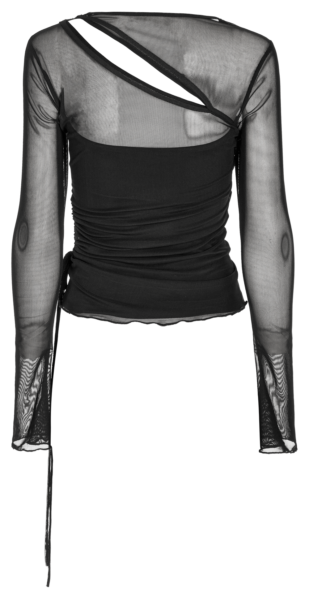 Chic black mesh sleeve top featuring asymmetrical slit and drawcord detail for a bold rockstar look.