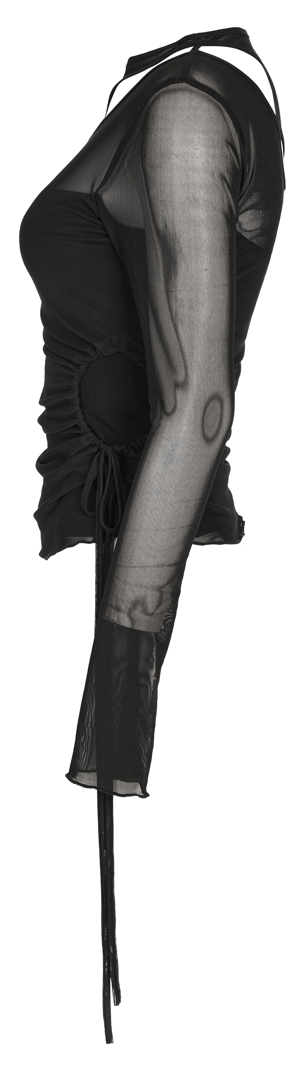 Chic black mesh sleeve top with asymmetrical slit and drawcord detail, perfect for a bold, stylish look.