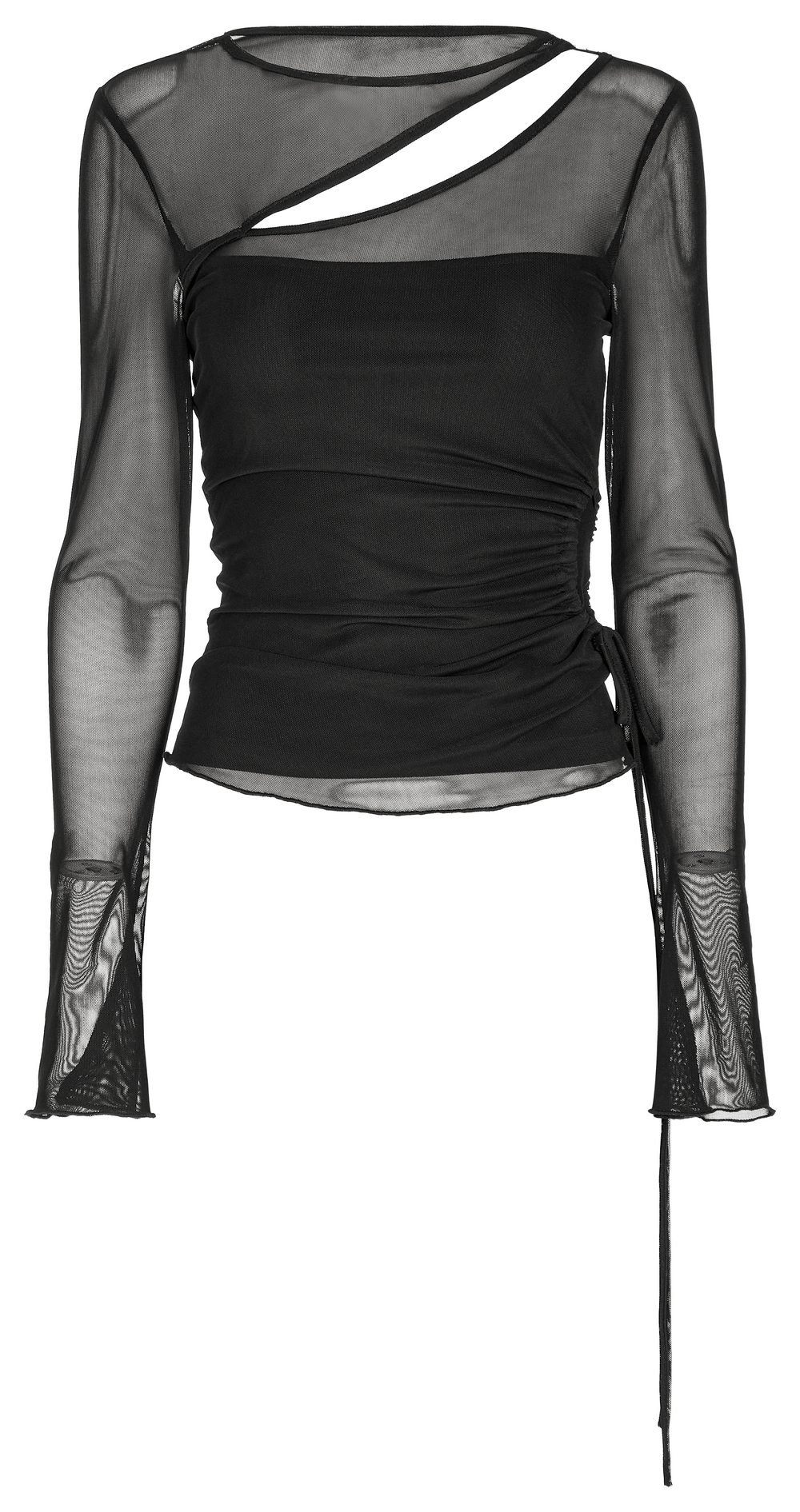 Chic black mesh sleeve top with asymmetrical slit and drawcord details, perfect for a bold and edgy look.