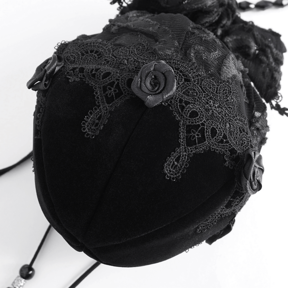 Chic Noir Bead-Chain Black Bag with Lace Detail