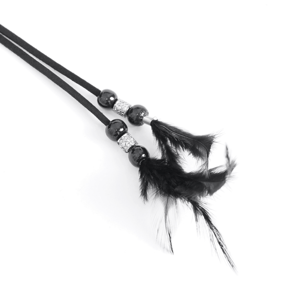 Elegant black bead and feather detail adornments on a sleek strap for chic accessories.