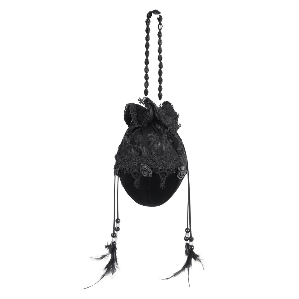 Elegant black lace evening bag with bead-chain strap and feather accents, perfect for formal occasions.