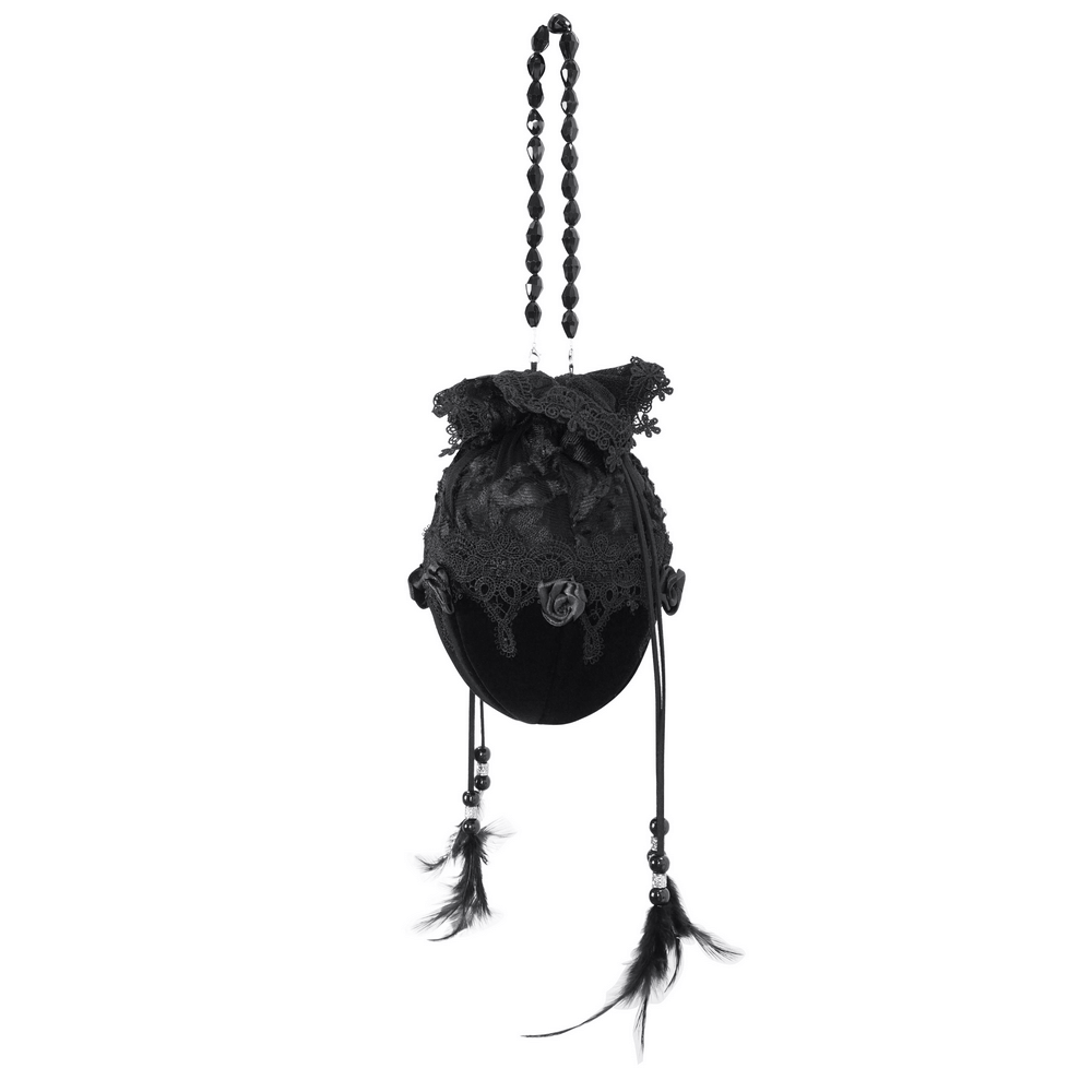 Chic Noir Black Bead-Chain Bag with Lace Detail and Feather Accents, perfect for elegant evening outings.