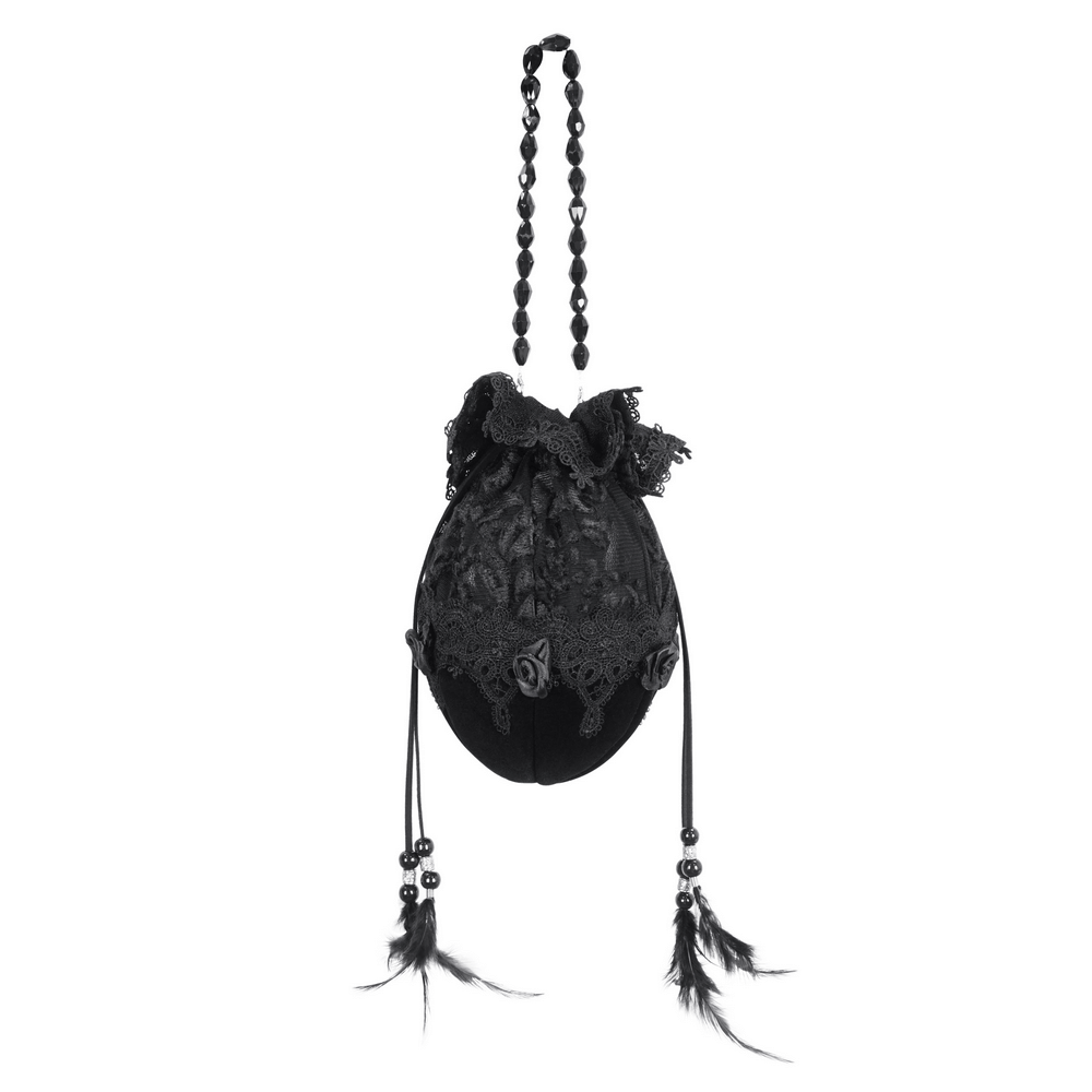 Chic black lace evening bag with bead-chain strap and feather details for elegant formal occasions.