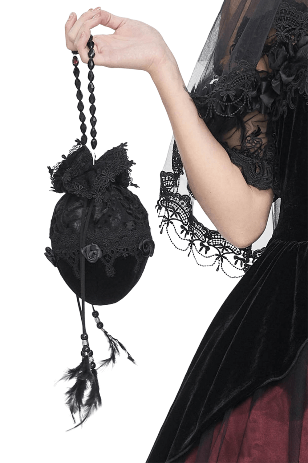 Elegant black lace evening bag with bead-chain strap, perfect for formal occasions and enhancing evening attire.