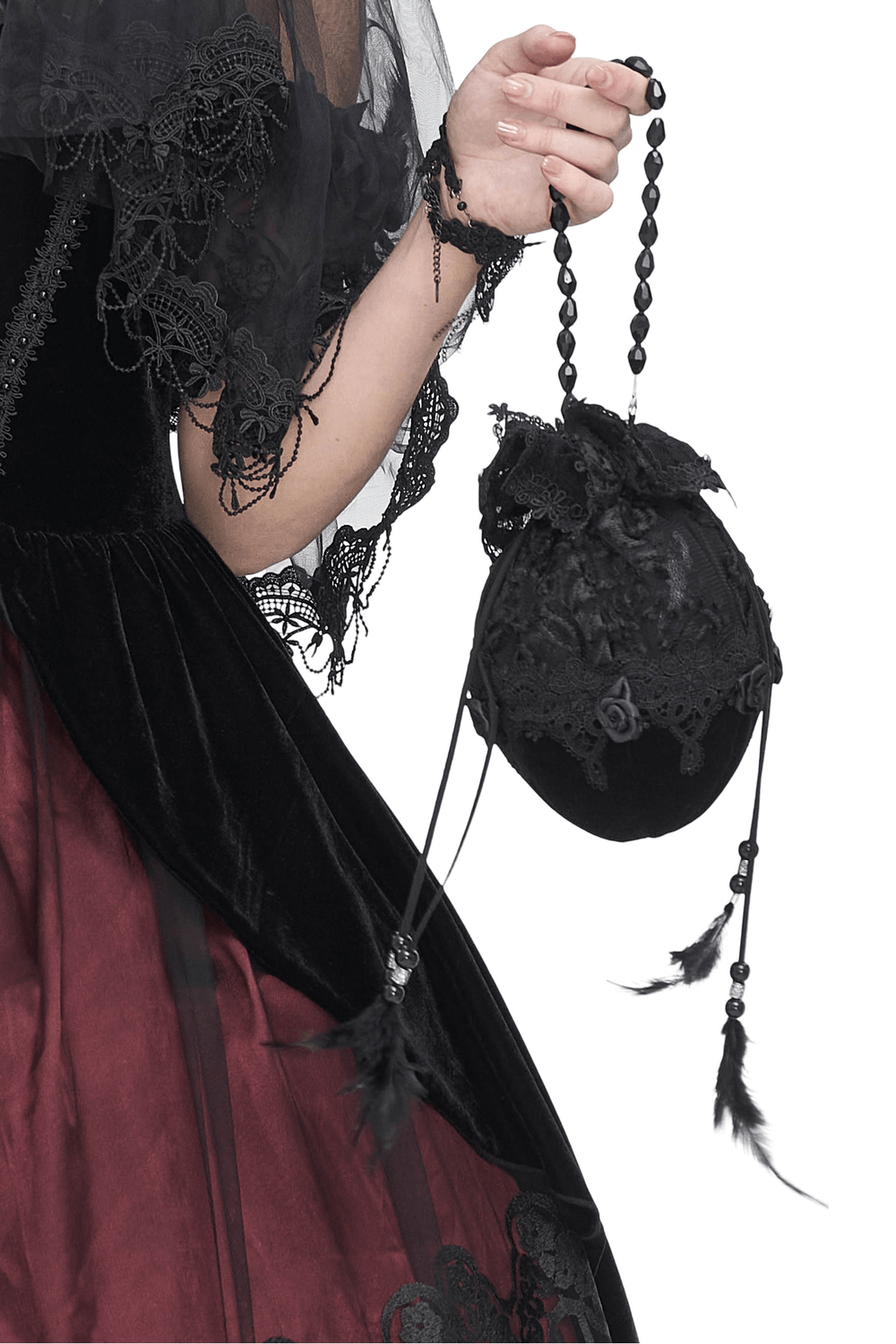 Chic Noir bead-chain black bag with lace detail, perfect evening accessory with elegant design and feather embellishments.