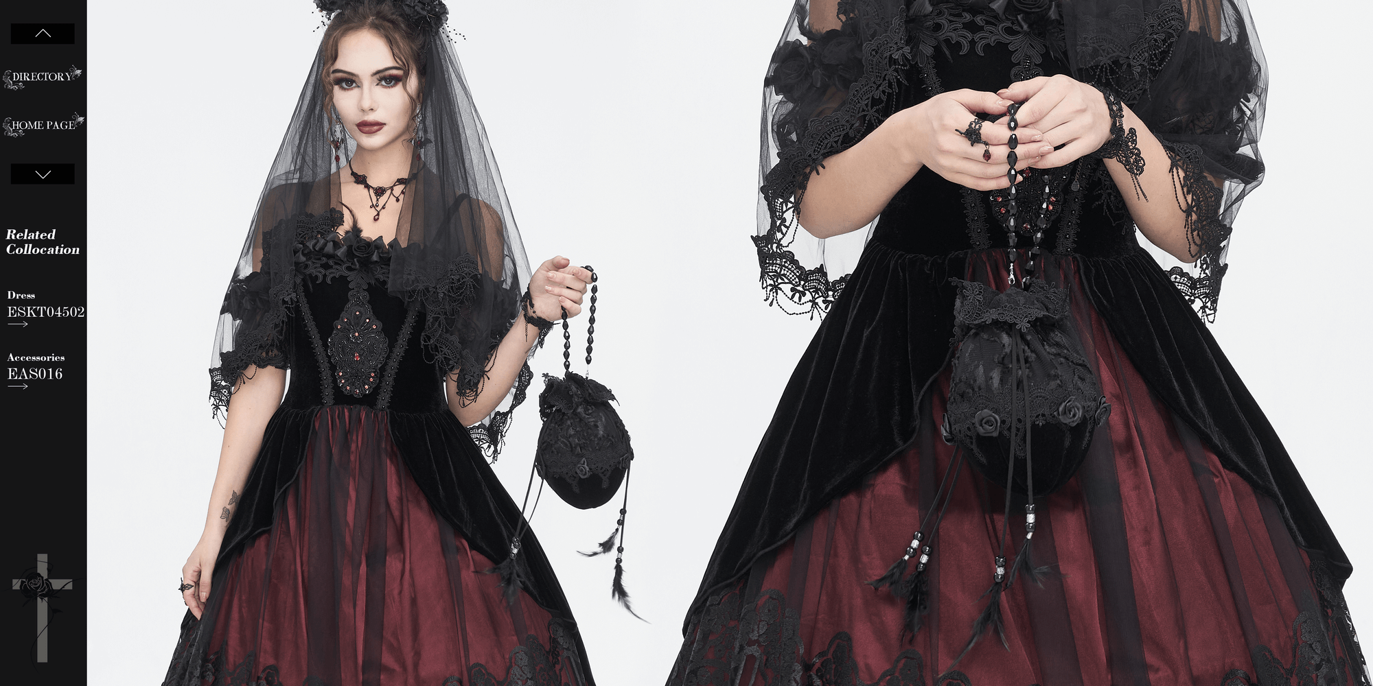 Elegant model in black lace dress with red accents, holding a chic goth handbag for a formal evening look.