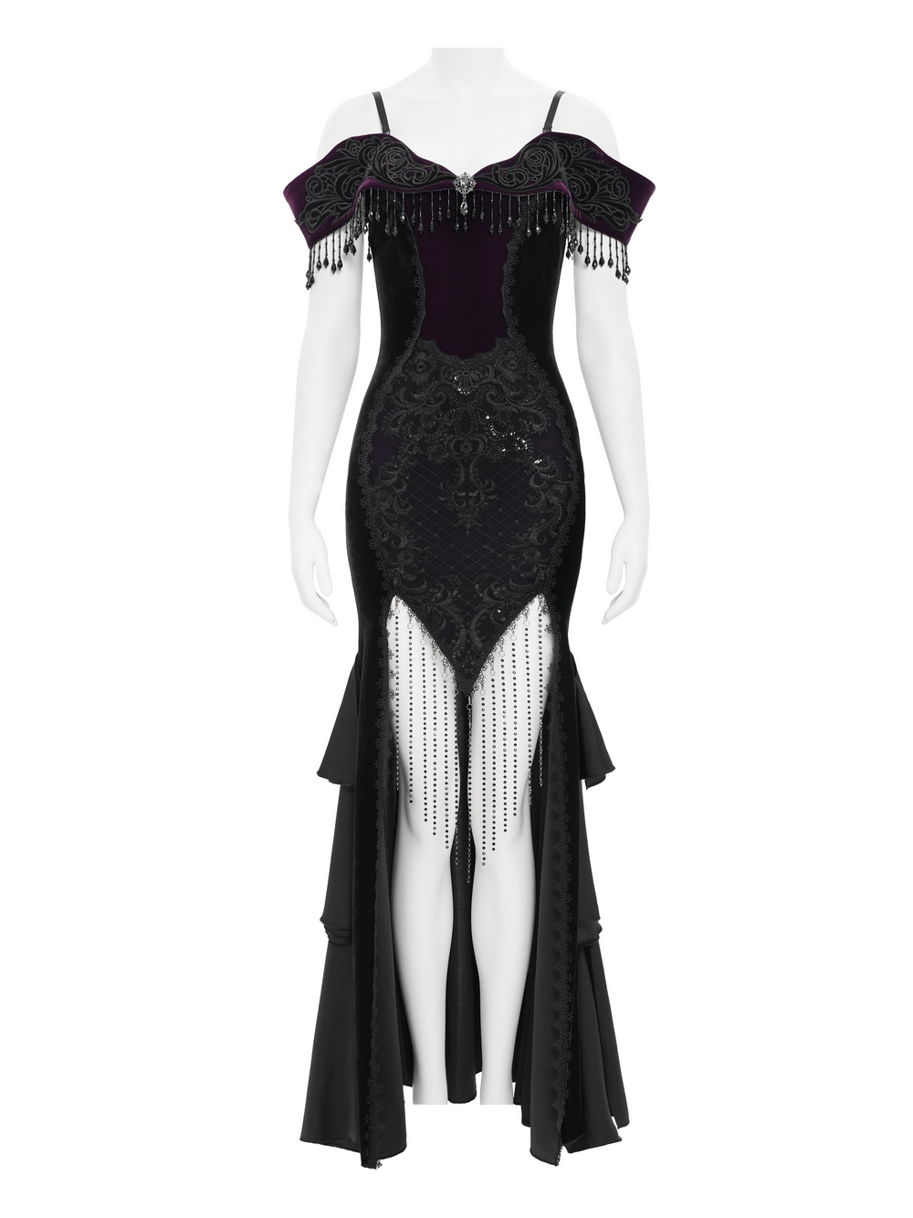 Chic Off-Shoulder Dress with Lace-Up Back and Fringes showcasing a vintage black velvet design with fringed details.