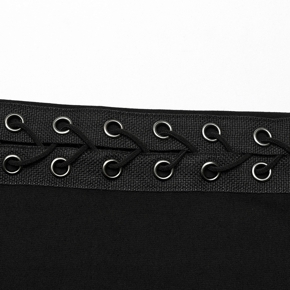 Close-up of goth top lace-up detailing with black eyelets and elastic drawstrings for a bold look.