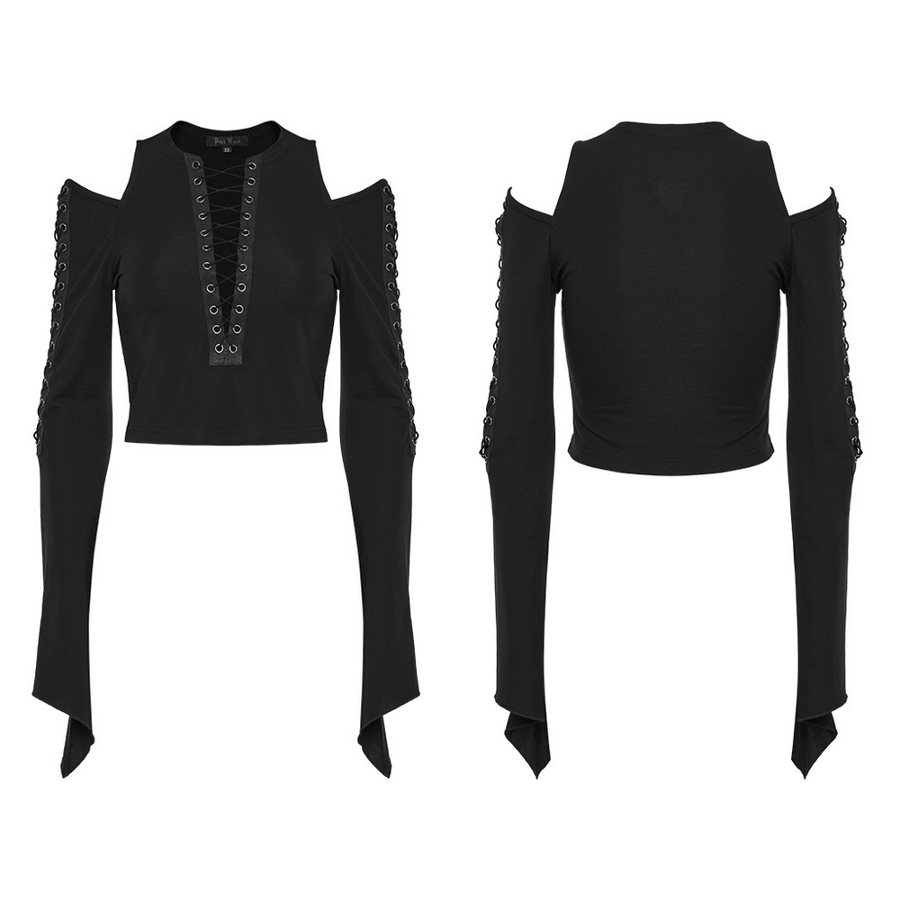 Chic goth top featuring off-shoulder design, lace-up detailing, and a cropped silhouette for a daring fashion statement.