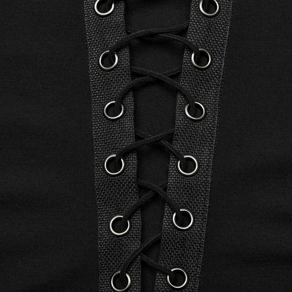 Close-up of lace-up detailing on a chic Goth top, featuring silver grommets and black elastic cords for a bold look.