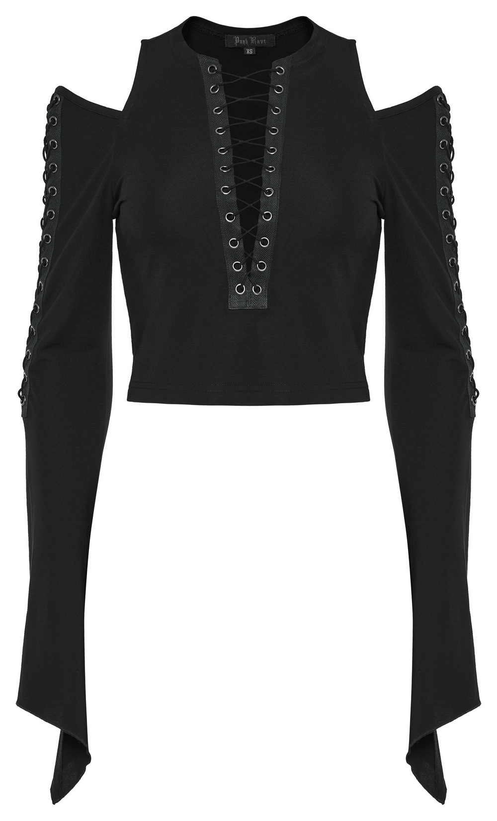 Chic off shoulder black goth top with lace-up detailing and open sleeves for a bold fashion statement.