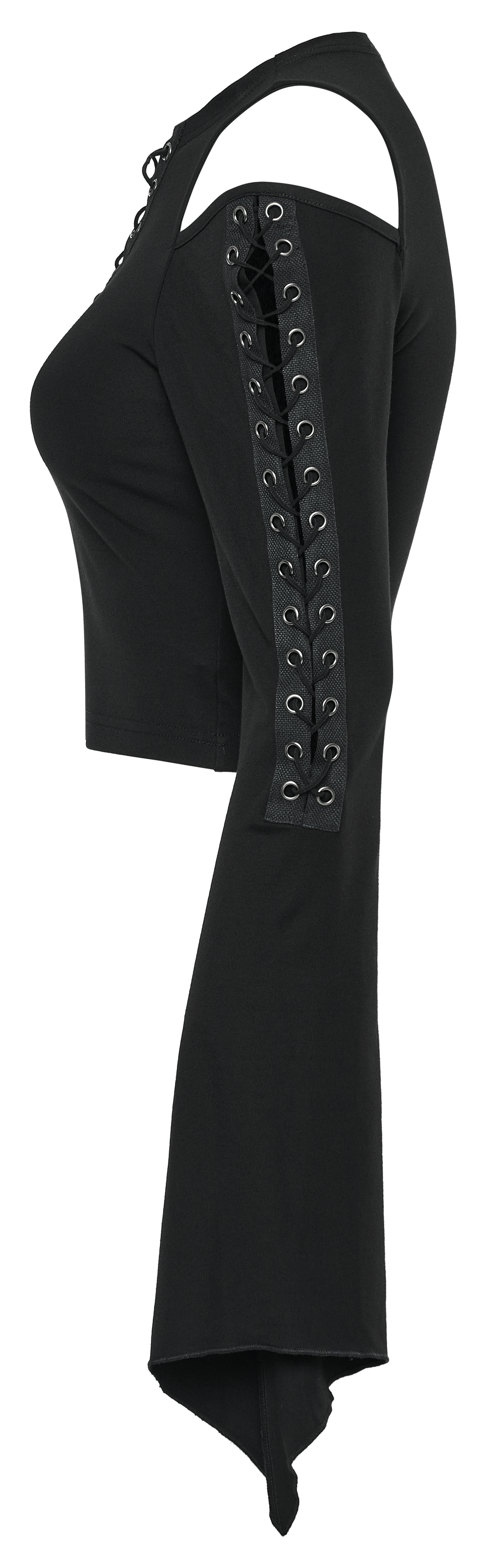 Chic off shoulder goth top with lace-up detailing and open arms, perfect for a stylish statement look.