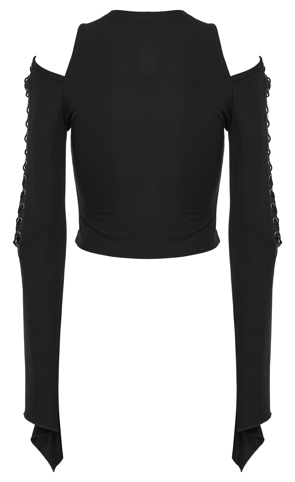 Chic off shoulder goth top with lace-up detailing and open sleeve design, perfect for a unique wardrobe statement.