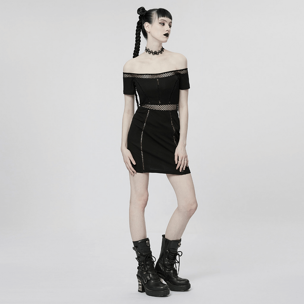 Chic Off-Shoulder Gothic Mini Dress with Mesh Detail - HARD'N'HEAVY