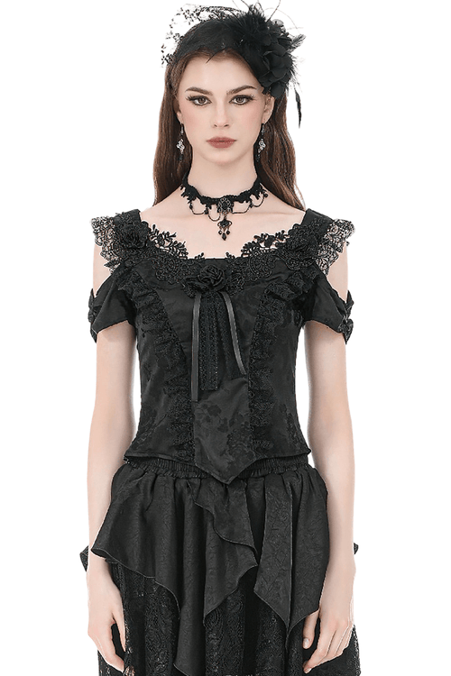 Top elegante con hombros descubiertos y adorno de encaje con aplique de rosas.
