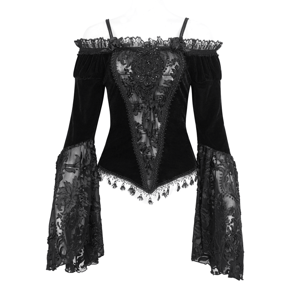 Chic off-the-shoulder black lace top with bell sleeves and fringe for a gothic romantic look.