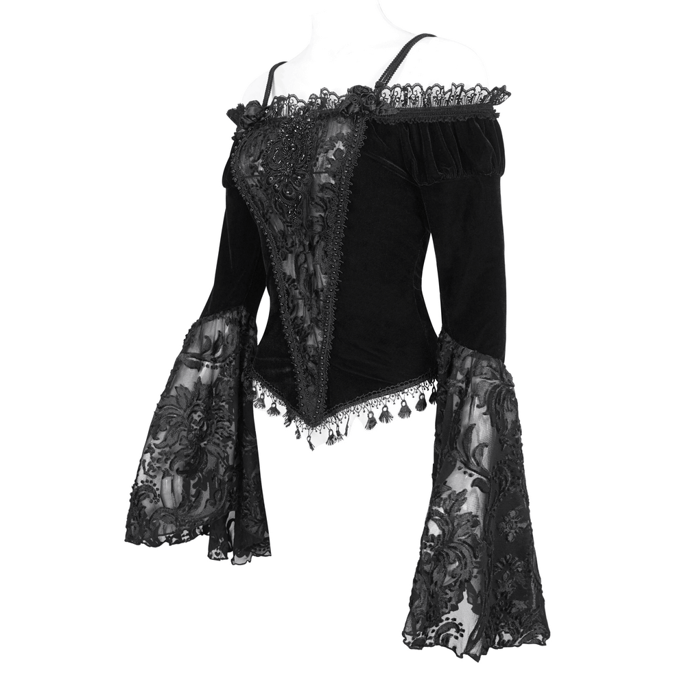 Chic black off-the-shoulder lace top with dramatic bell sleeves and intricate lace details for a gothic look.