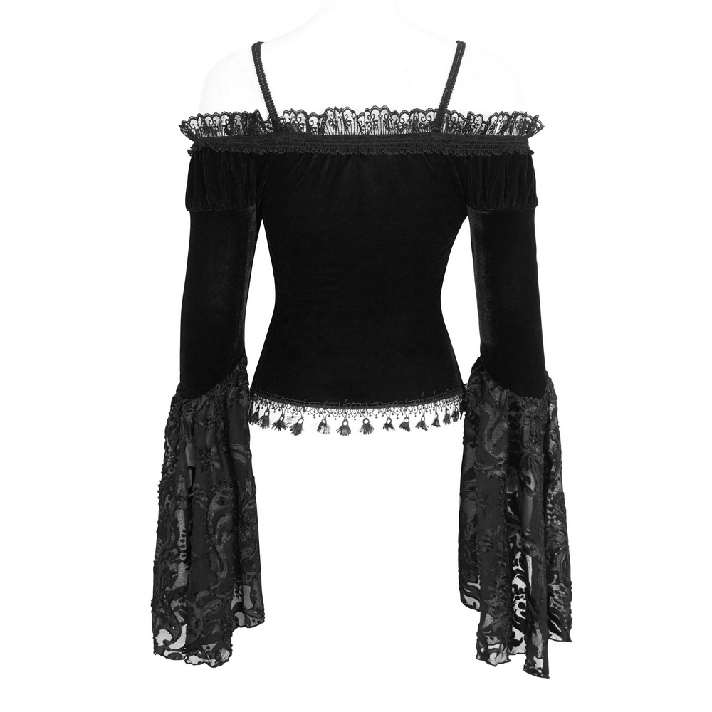Back view of a chic off-the-shoulder black lace top with bell sleeves and fringe details, perfect for a gothic look.
