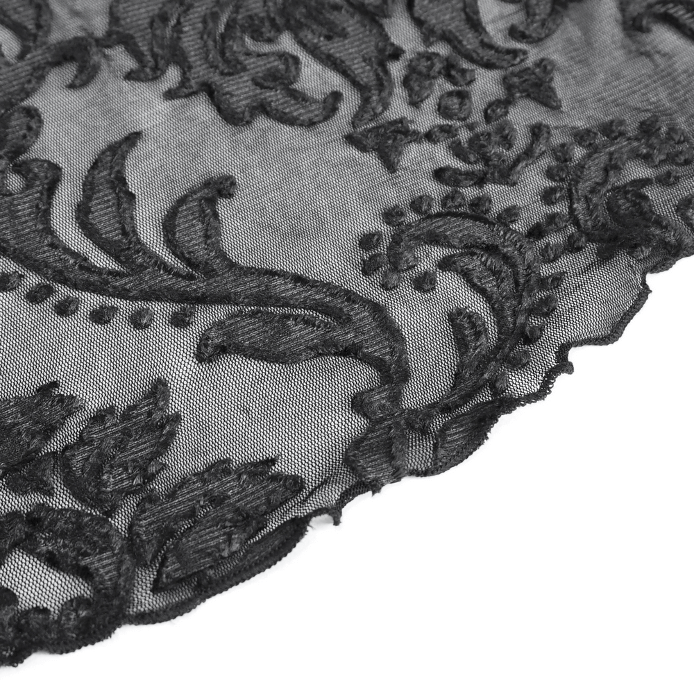 Close-up of sheer black lace fabric with intricate floral embroidery and scalloped edge details.
