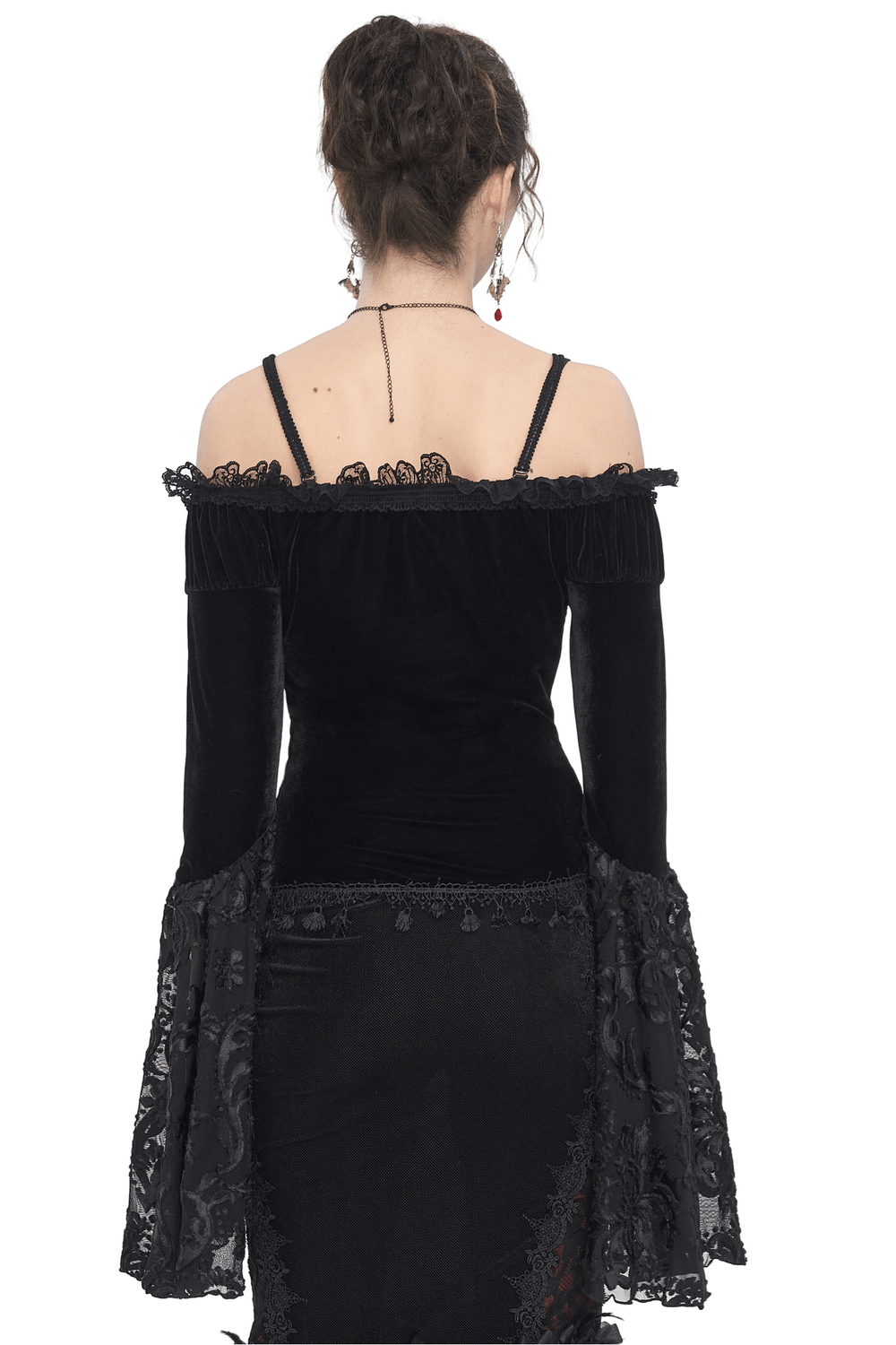 Back view of a chic black off-the-shoulder lace top with long bell sleeves, perfect for a gothic romantic look.