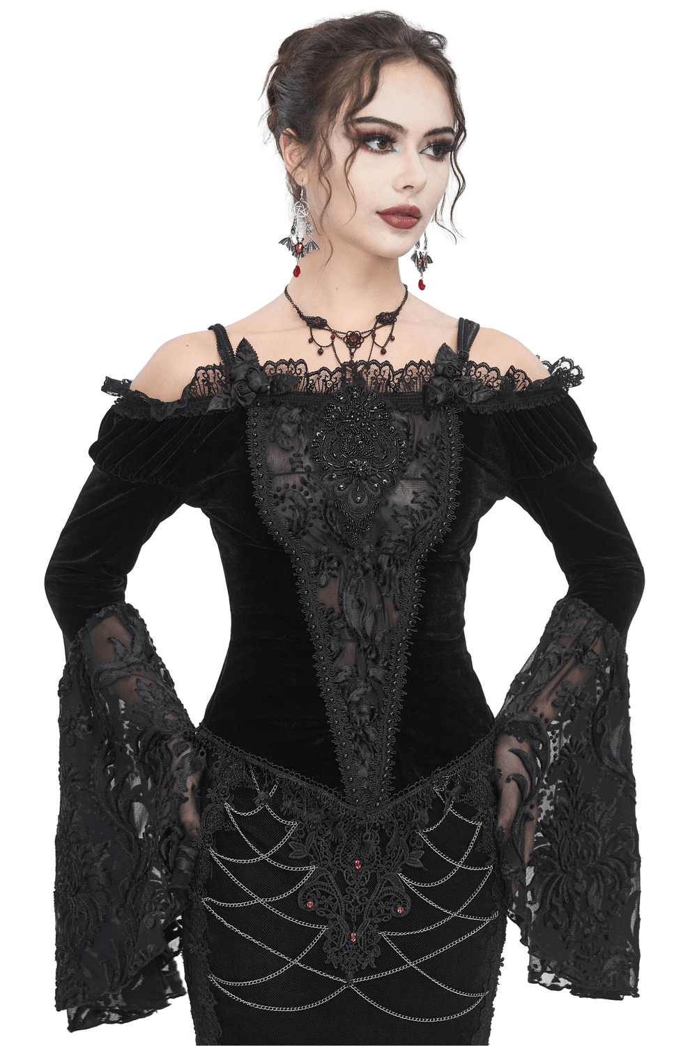 Chic black off-the-shoulder lace top with bell sleeves and fringe, adding gothic romance to any outfit.
