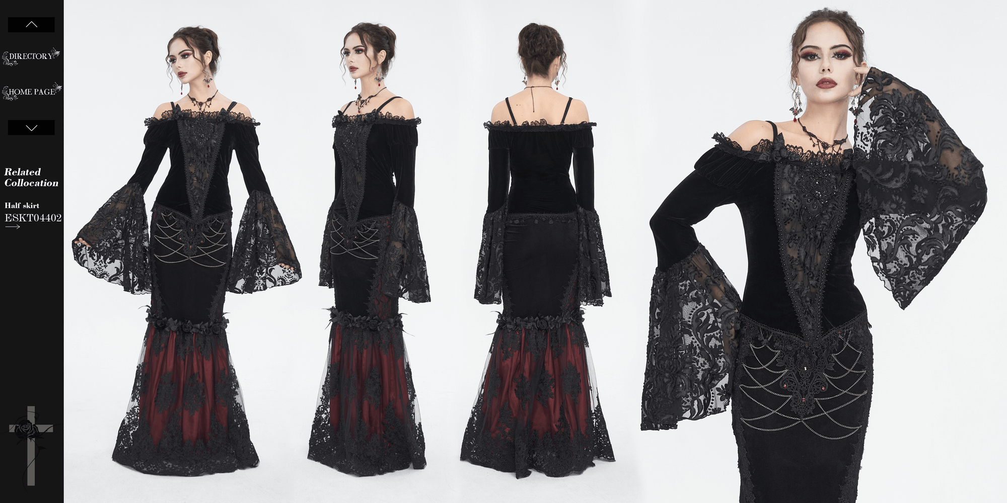 Chic off-the-shoulder black lace top with dramatic bell sleeves, perfect for adding gothic romance to your outfit.