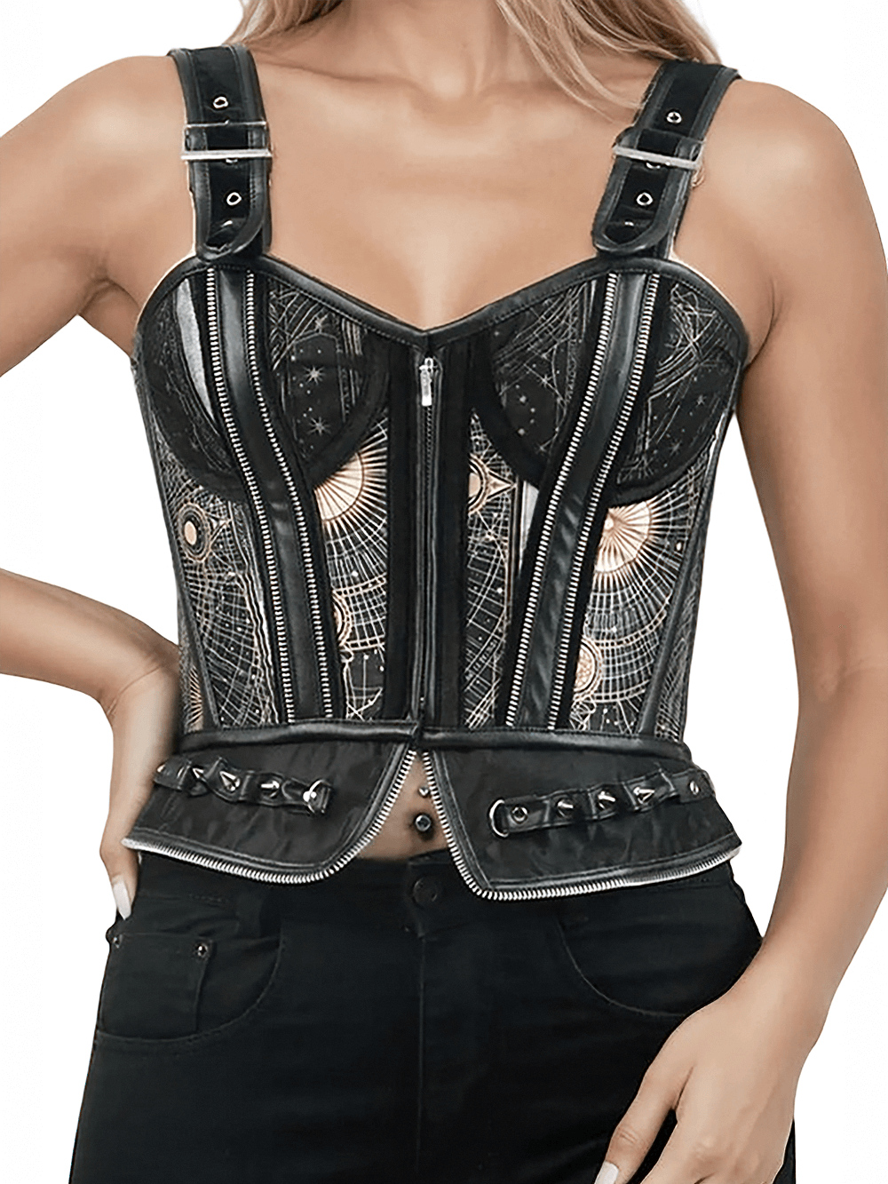 Chic Overbust Corset with Geometric Details and Zippers featuring celestial motifs and edgy studs.