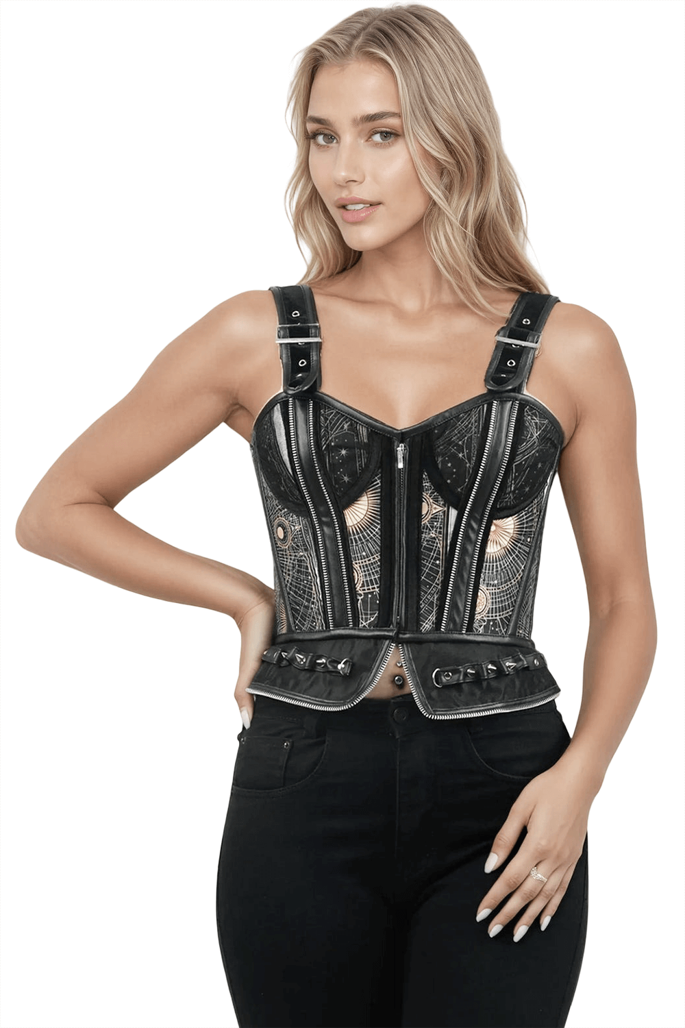 Chic Overbust Corset with Geometric Details and Zippers worn by model with elegant styling and studded accents.