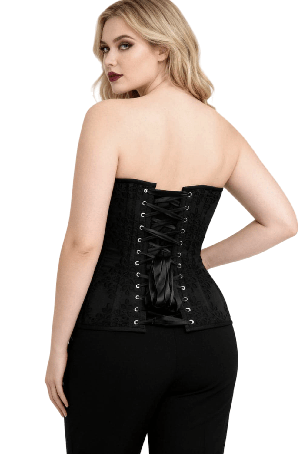 Chic Overbust Corset with Zip Front and Lace-Up Back featuring lace-up detail and sleek black design.