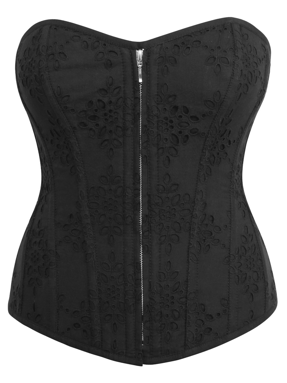 Chic Overbust Corset with Zip Front and Lace-Up Back featuring floral eyelet details and a midnight black palette.